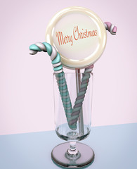 3d illustration round candy sweets with merry christmas inscription and stick marshmellow close up with copy space on pink wall
