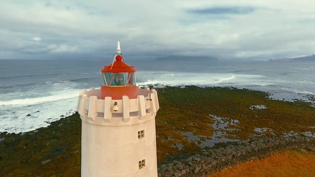 Lighthouse in Iceland. Drone video.