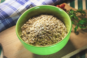 uncooked oatmeal in a bowl.