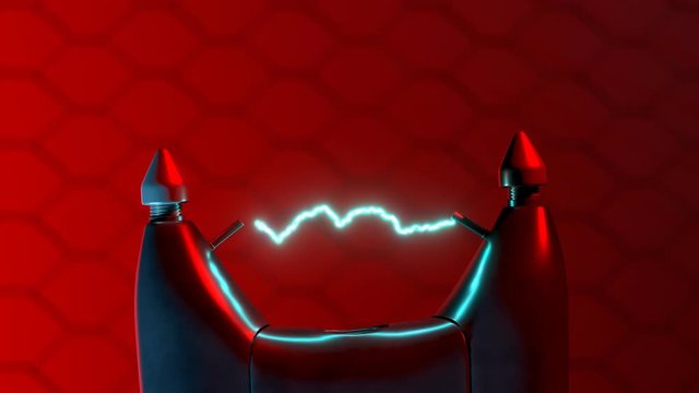 Stun gun or taser with an electric arc between two electrodes. Electric shock.