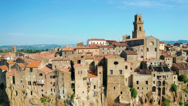 Left to right trucking shot of Pitigliano, Tuscany Italy. Aerial shot from drone. 