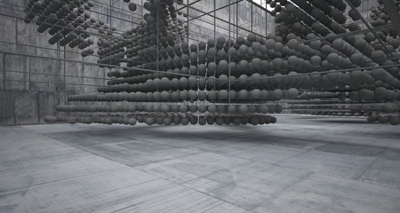Abstract architectural concrete  interior  from an array of spheres with large windows. 3D illustration and rendering.