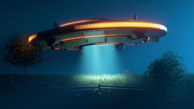 Flying saucer with glowing lights abducting cows from a grassy meadow.