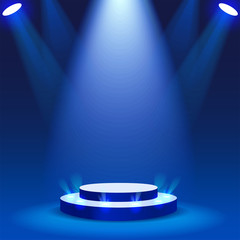 Stage podium with spotlight on blue background