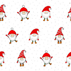 Seamless funny pattern with doodle dwarf. Cute gnomes illustration in sketch style. Doodle dwarf. Ideal for fabric, wallpaper, wrapping paper, textile, bedding, t-shirt print.