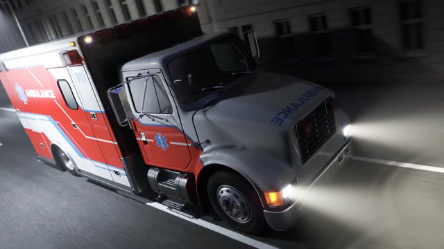 An Ambulance Truck Driving Through A Night City. Red Signal Lights Blinking 4KHD