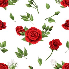 Red rose flowers and green leaves elements vector seamless pattern