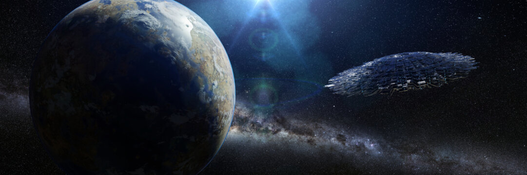 UFO, alien spaceship in outer space, flying saucer in exotic star system © dottedyeti