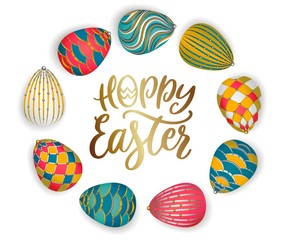 Golden easter eggs with flowers and holiday lettering for easter. Greeting card with Happy Easter lettering on a gold and black luxury background with geometric elements, illustration
