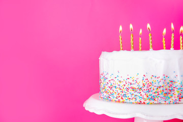 Tasty Birthday cake on color background