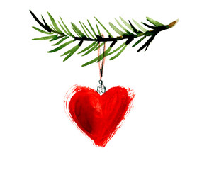 Red heart decorations on pine branch, banner with white background and space for text. Love, Christmas, New Year concept. Christmas holidays mood. Atmospheric still life.