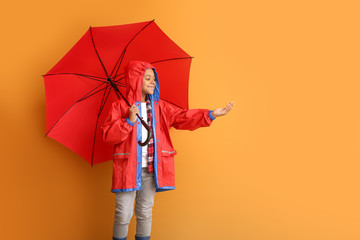 Fashionable African-American boy in autumn clothes and with umbrella on color background