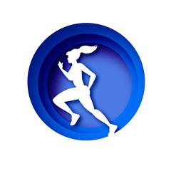 Obraz premium White origami young lady running. Happy fitness woman in paper cut style. Woman runner in silhouette on white background. Jogging. Dynamic movement. Side view. Dark Blue circle frame.