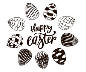 Black and white graphic easter eggs with holiday lettering for easter. Greeting card with the inscription Happy Easter on a white luxurious background with geometric elements, illustration