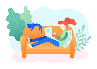 Obraz na płótnie Canvas Young adult woman working at home vector illustration. Freelancer female character working from home with laptop sitting in cozy sofa. Home office. Remote work, education or on-line shopping.