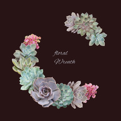 Floral wreath. Succulents isolated on dark background. For invitations, greeting, wedding card.
