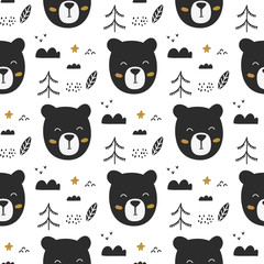 Bear face, clouds and trees, hand drawn vector pattern illustration