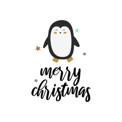 Merry Christmas penguin vector print, kids vector illustration