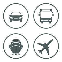 Car, bus, ship and plane signs in the circles isolated on white background. Vehicles for the carriage of passengers graphic icons set. Transport symbols. Vector illustration