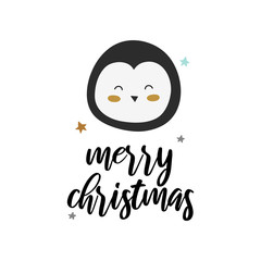 Merry Christmas penguin vector print, kids vector illustration