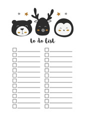 To do list, A4 format, printable page for organiser, notebook. Penguin, bear and deer.