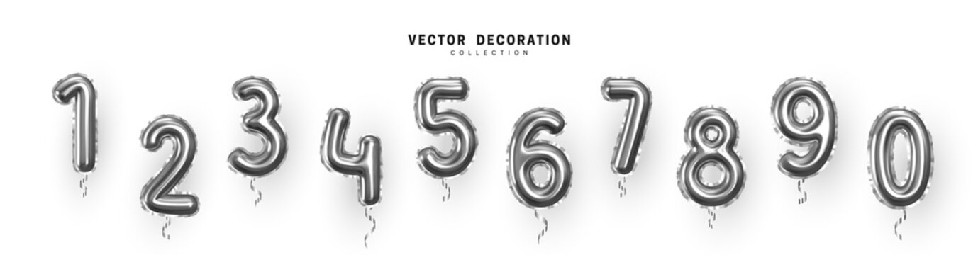 Silver Number Balloons 0 to 9. Foil and latex balloons. Helium ballons. Party, birthday, celebrate anniversary and wedding. Realistic design elements. Festive set isolated. vector illustration