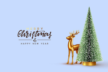 Christmas lush tree with realistic metallic gold-colored deer. Holiday Xmas background. Festive with decorative objects, pine and spruce tree, gold glass reindeer. vector illustration