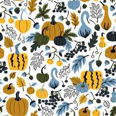 Pumpkin and Leaves Seamless Pattern. Autumn Fall Vector Background