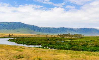 Fototapeta na wymiar Panorama of Ngorongoro crater National Park with the Lake Magadi. Safari Tours in Savannah of Africa. Beautiful landscape scenery in Tanzania, Africa