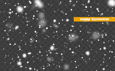 Falling white snow on transparent background. Texture winter snowflakes.