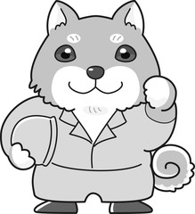 Fototapeta premium 柴犬 キャラクター 作業着 鳶職 ヘルメット 現場 こぶし ポーズ 白黒 可愛い 日本犬