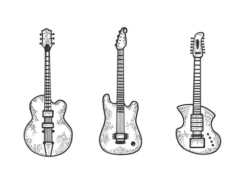Electric guitar set sketch engraving vector illustration. T-shirt apparel print design. Scratch board style imitation. Black and white hand drawn image.