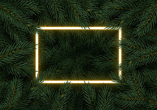 Christmas tree branches. Festive Xmas border of green branch of pine. Pattern pine branches, spruce branch. Glowing neon frame, space for text. Realistic design decoration element. Vector illustration