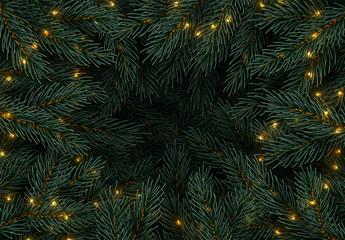 Christmas tree branches. Festive Xmas border of green branch of pine. Pattern pine branches, spruce branch. Glowing New Year golden garland, space for text. Realistic design decoration elements.