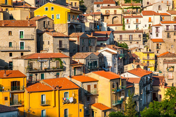 Naklejka premium Panoramic view of Castelmezzano, tipical italian little village on appenini mountains, province of Potenza, in the Southern Italian region of Basilicata