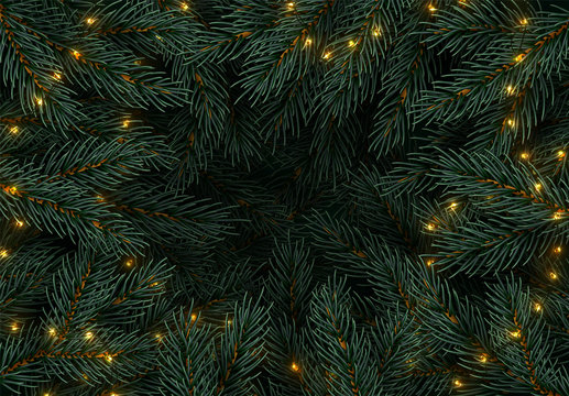 Christmas tree branches. Festive Xmas border of green branch of pine. Pattern pine branches, spruce branch. Glowing New Year golden garland, space for text. Realistic design decoration elements.
