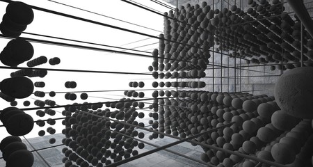 Abstract architectural concrete  interior  from an array of spheres with large windows. 3D illustration and rendering.