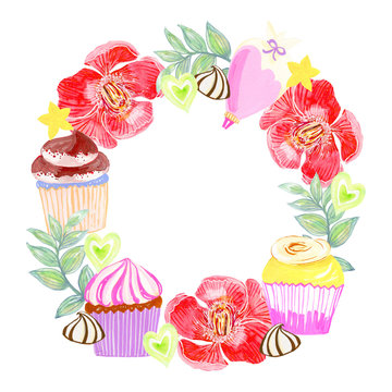 Watercolor traditional Asian new year and holiday with bakery cupcake and foliage leaf flower bouquet wreath hand painted on white