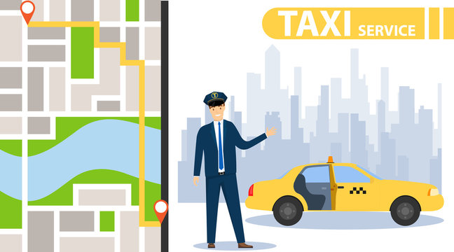 Taxi service. Taxi driver offers to get into the car. Map of the city with locations. Vector, cartoon illustration, vector.