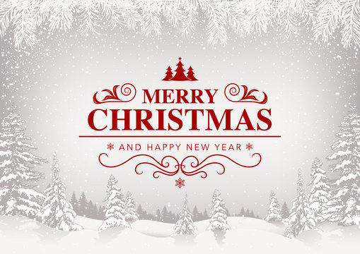 Merry Christmas Greeting Card with White Snowing Landscape and Red Lettering - Festive Illustration with Snowfall, Vector