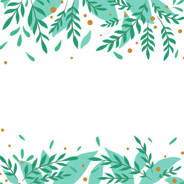 Square card with flat foliage and berries. Turquoise branches with foliage. Greeting card with place for text. Delicate vector template for banners, invitations, frames and your creativity. © veleri_kz