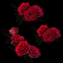 Red roses with golden glitter leaves isolated on black background. Floral arrangement, bouquet of garden flowers. Can be used for invitation, greeting, wedding card.
