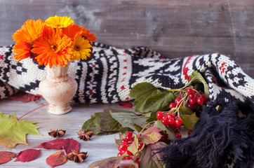 Cozy warm still life of autumn dry leaves, a bouquet of bright orange flowers of calendula, warm scarf and red berries of viburnum
