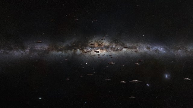 UFOs, swarm of rotating flying saucers, alien spaceships travelling through outer space towards the camera, 4k loop