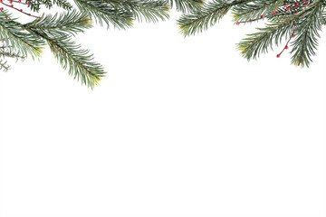Christmas fir branches and berry frame with copy space on white background.