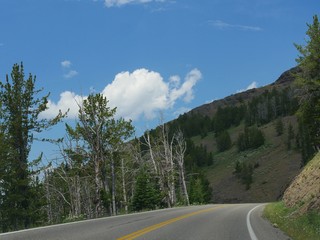 Scenic views driving around Yellowstone National Park in Wyoming.