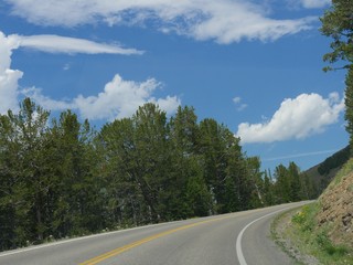 Beautiful views along a winding road at Lamar Valley at Yellowstone National Park in Wyoming.