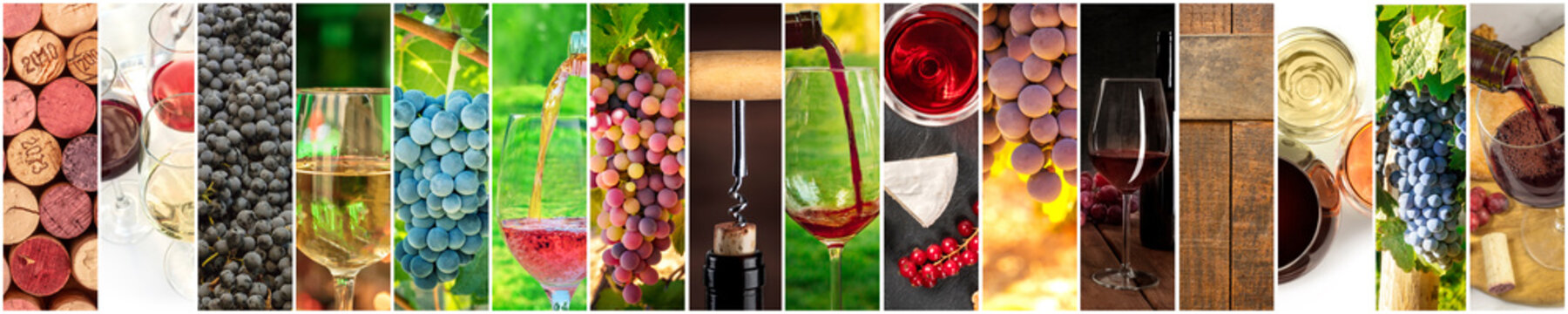 Wine Collage. A panorama of many photos of wine glasses, pouring wine, grapes at vineyards, corks, tastings, barrels, a design for a banner or flyer