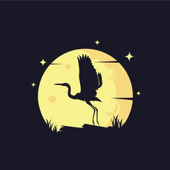 Heron with Yellow Moon Background Logo Template