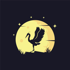 Heron with Yellow Moon Background Logo Template
